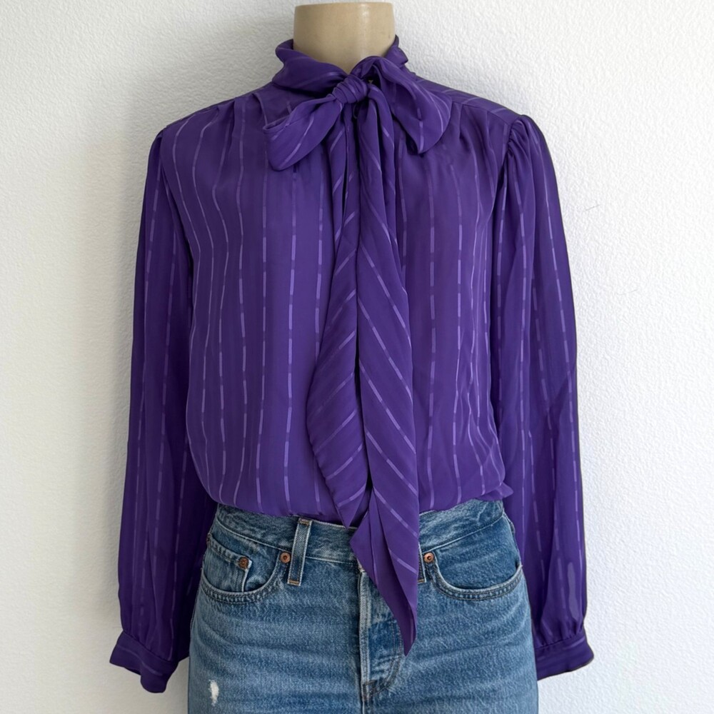 Vintage Nordstrom Blouse Stylish Striped Purple Bow Neck Office Siren Secretary